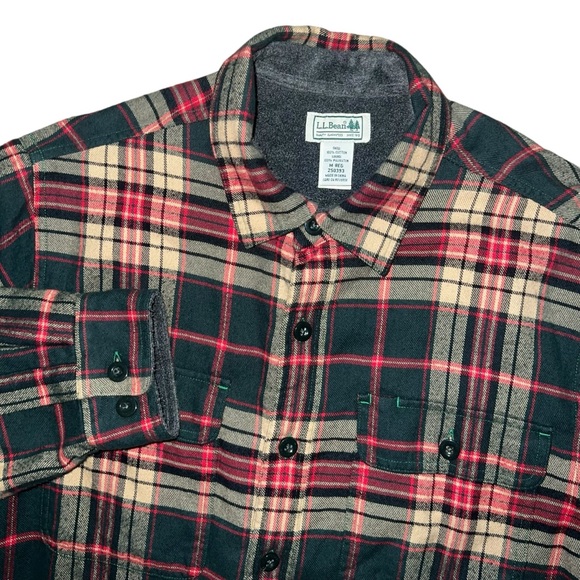 L.L. Bean Men's Fleece-Lined Flannel Shirt Size Medium Regular Green Plaid - Picture 2 of 6
